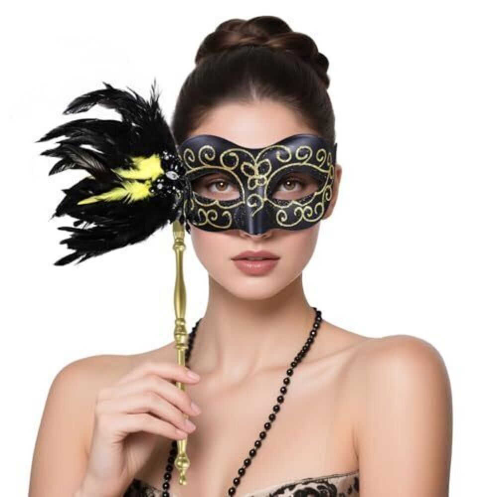 3736 Masquerade Mask with Stick, Feather Venetian Masks, Costume Mask